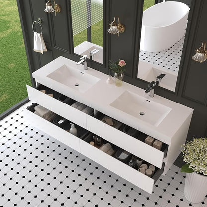 72 Inch Floating Bathroom Vanity with Sink,Glossy White | Storage Cabinet Wall Mounted Cabinet, Double Solid Surface Basin, 4 Soft Close Drawers, Fully Assembled