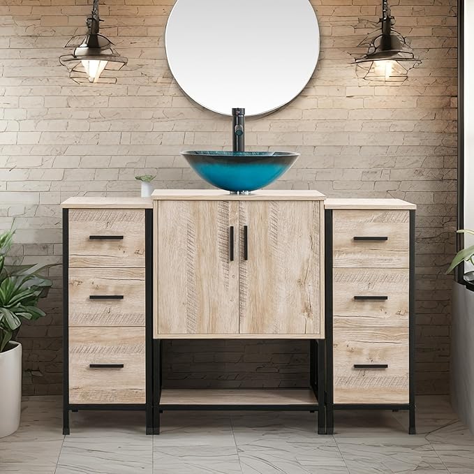 UEV 48" Bathroom Vanity,Oak Color Bathroom Vanity Set with Sink and 3 Drawers Side Cabinet Combo,with Adjustable Water Temperature Faucet (A10)