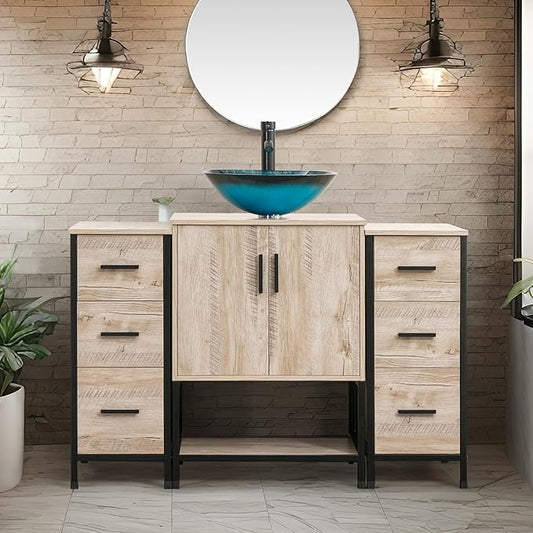 UEV 48" Bathroom Vanity,Oak Color Bathroom Vanity Set with Sink and 3 Drawers Side Cabinet Combo,with Adjustable Water Temperature Faucet (A10)