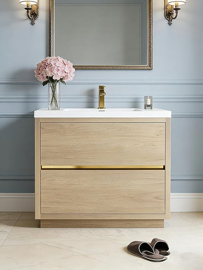 36 Inch Bathroom Vanity with Sink, Single Sink Bathroom Vanity, Freestanding Vanity Bathroom Soft Closed 2 Drawers, Integrated Sink (Natural Oak)