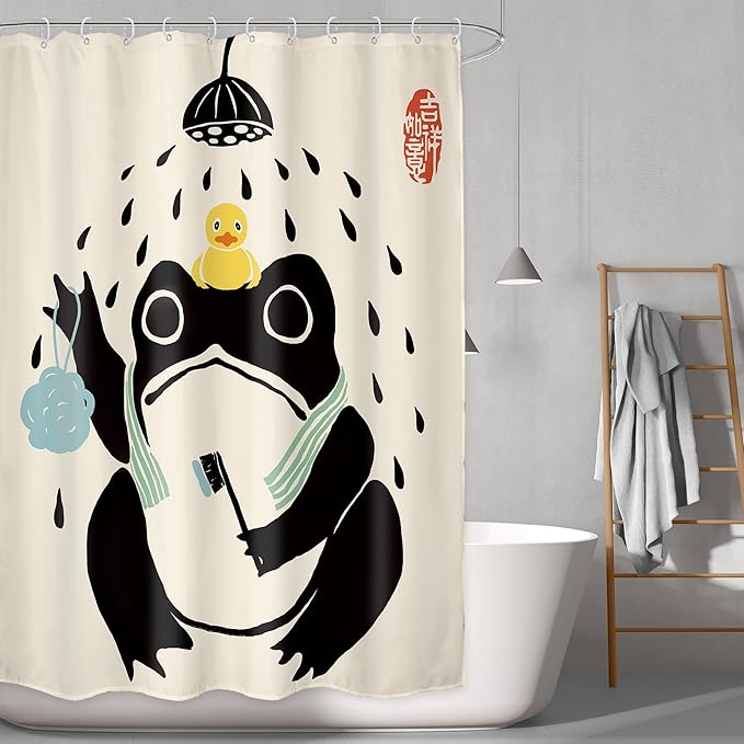 LGhtyro Funny Frog Shower Curtain Bathroom Set 54Wx78H Inches Retro Asian Traditional Cute Animal Japanese Style Black Beige Rubber Duck Bath Accessories Frog Art Home Decor Fabric 12 Pack Hooks