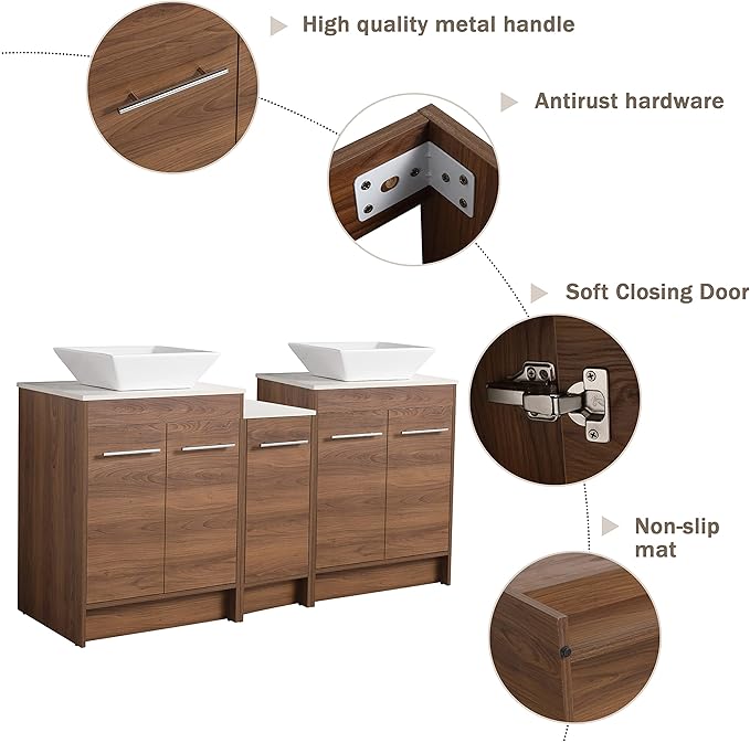 60" Bathroom Vanity with Sink, Freestanding Double Vessel Sink Bathroom Vanity Combo, Modern Vanity with Ceramic Countertop, 60 Inch Brown Floor Stand Cabinet Set(BRE101, 60 * 18)