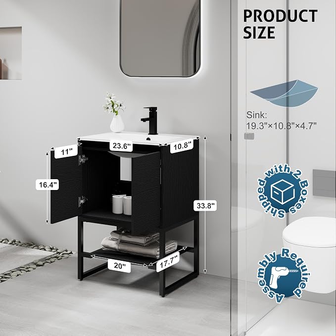 LUCKWIND 24" Modern Bathroom Vanity with Single White Sink Combo, Freestanding Storage Cabinet with Metal Frame, Matte Black Faucet and Open Shelf and 2 Soft-Closing Door, Black