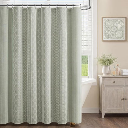 Sage Green Shower Curtain,Boho Linen Fabric for Bathroom with Beige Striped Print,72" W x 72" L