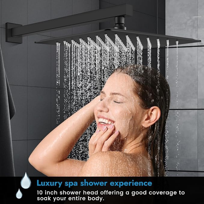 Matte Black Shower Faucet Set, 10 Inch Rain Shower System with Valve | Complete Rain Shower Set with Valve, Single Handle Wall Mount Design