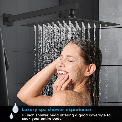 Matte Black Shower Faucet Set, 10 Inch Rain Shower System with Valve | Complete Rain Shower Set with Valve, Single Handle Wall Mount Design