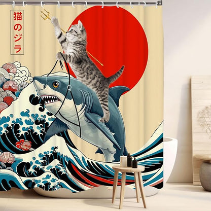 Funny Japanese Cat Shower Curtain, Vintage Cat Riding Shark Japan Anime Sunset Wave Waterproof Shower Curtain with Hooks, Animal Fabric Shower Curtains Bathroom Decor 72X72inches