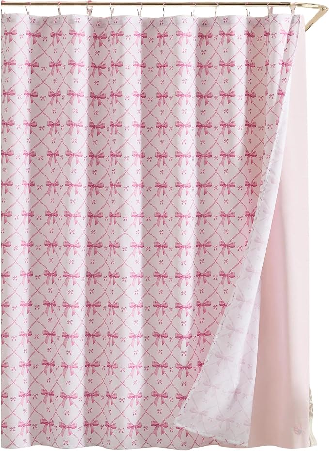 Betsey Johnson - Shower Curtain Set, 72 x 72 Bathroom Curtain with PEVA Shower Liner and 12 Pack Hooks, Soft Textured Polyester Curtain, Festive Bow Trellis Pink