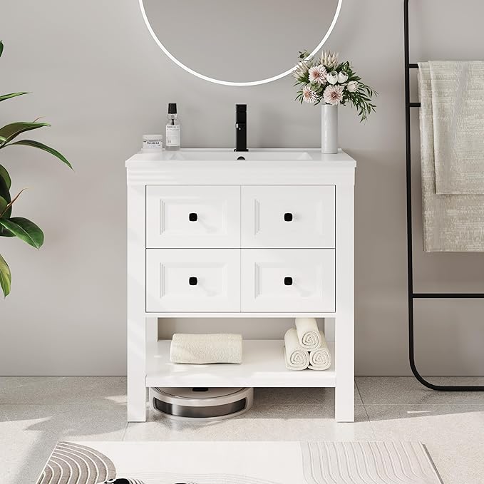 eclife 30" Bathroom Vanity with Sink Combo, Modern Painted Vanities Cabinet with Big Drawers, Opening Bottom Shelf, Raised Foot Pads, Include Undermount White Sink, Faucet & Drain, White
