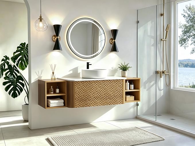 60 Inch Modern Bathroom Vanity with Ceramic Sink, Floating Bathroom Sink Cabinet with Sintered Stone Top&Solid Wood Hammered Frame, Single Bathroom Vanities w/Soft-Close Drawer&2 Side Open Cube