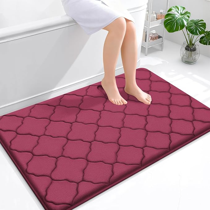 OLANLY Memory Foam Bath Mat Rug 47x32, Ultra Soft and Absorbent Bathroom Rugs, Non-Slip, Comfortable, Machine Washable Bath Carpet for Bathroom Floor, Tub, Shower and Home Decor Accessories, Burgundy