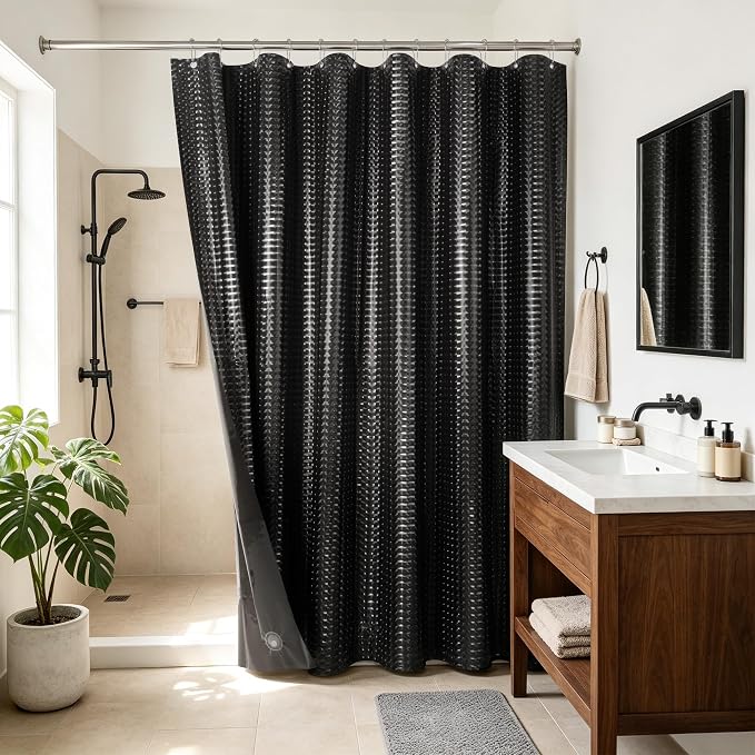 Barossa Design Extra Long Shower Curtain Liner Dimensional Black, 72x84 | Waterproof PEVA, 3 Bottom Magnets, Metal Grommets, Lightweight Plastic Shower Liner XL 72 x 84 Inches for Bathroom/Tub