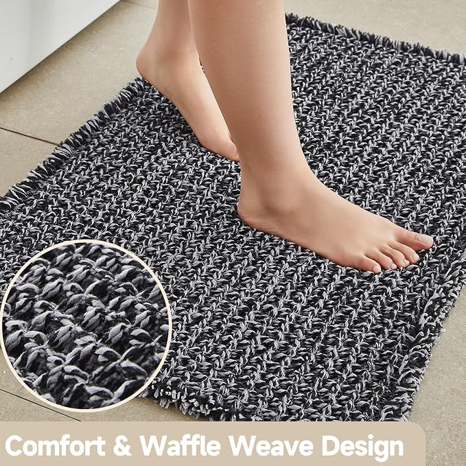TYUU Waffle Bath Mat, Small Boho Bathroom Rugs Non Slip 24x16 Black & White | Super Absorbent Quick Dry Bath Rug, Non-Slip Backing, Soft Waffle Washable Farmhouse Bathroom Mats, Tub, Shower & Home Decor