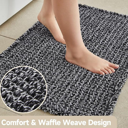 TYUU Waffle Bath Mat, Small Boho Bathroom Rugs Non Slip 24x16 Black & White | Super Absorbent Quick Dry Bath Rug, Non-Slip Backing, Soft Waffle Washable Farmhouse Bathroom Mats, Tub, Shower & Home Decor