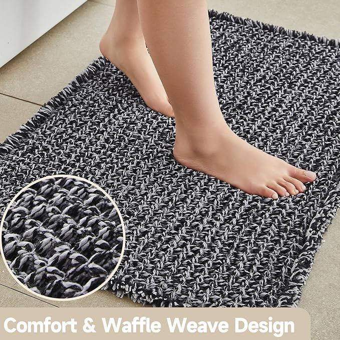 TYUU Waffle Bath Mat, Boho Bathroom Rugs Non Slip, 36x24 Black & White | Super Absorbent Quick Dry Bath Rug, Non-Slip Backing, Soft Waffle Washable Farmhouse Bathroom Mats, Tub, Shower & Home Decor