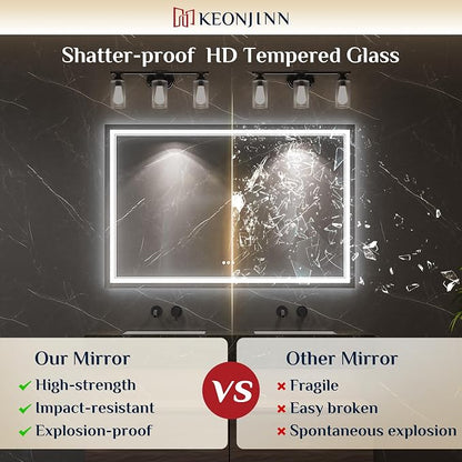 Keonjinn 55 x 36 Inch LED Bathroom Mirror with Lights, Bluetooth Speaker | Frontlit & Backlit Bluetooth Mirror Bathroom, 3000K/4500K/6000K, HD Tempered Glass, Dimmable, Fast & Safe Defogging, CRI90+