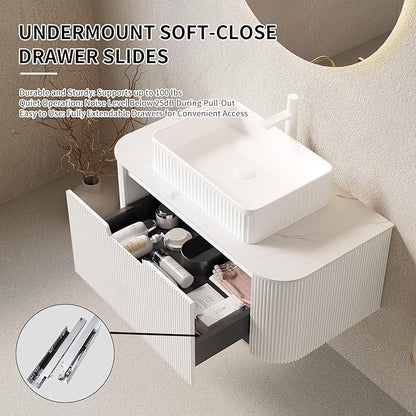 Yayzy 36" Floating Bathroom Vanity with Sink, Solid Wood Fluted Cabinet, White Fluted Square Ceramic Basin & Faux Marble Top, Soft-Close Drawer, Pre-Assembled, White