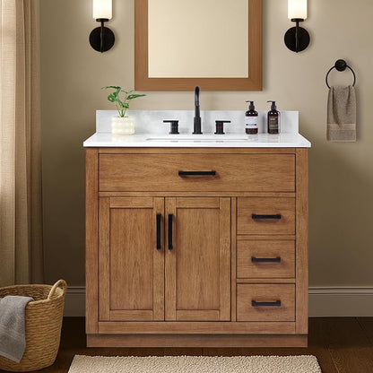 36-inch Dark Walnut Bathroom Vanity with Sink, Solid Wood, 0.79-inch Stone Countertop and Backsplash, 4 Drawers, 2 Soft Closing Doors