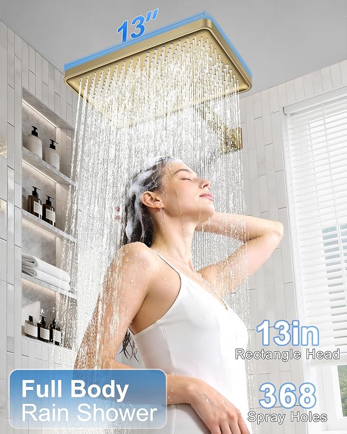 Shower System 13-Inch Rainfall Shower Head - 3 Setting Handheld Sprayer, Complete Bathroom Set with Faucet Mixer Trim Kit & Valve Brushed Gold