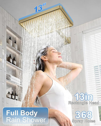Shower System 13-Inch Rainfall Shower Head - 3 Setting Handheld Sprayer, Complete Bathroom Set with Faucet Mixer Trim Kit & Valve Brushed Gold