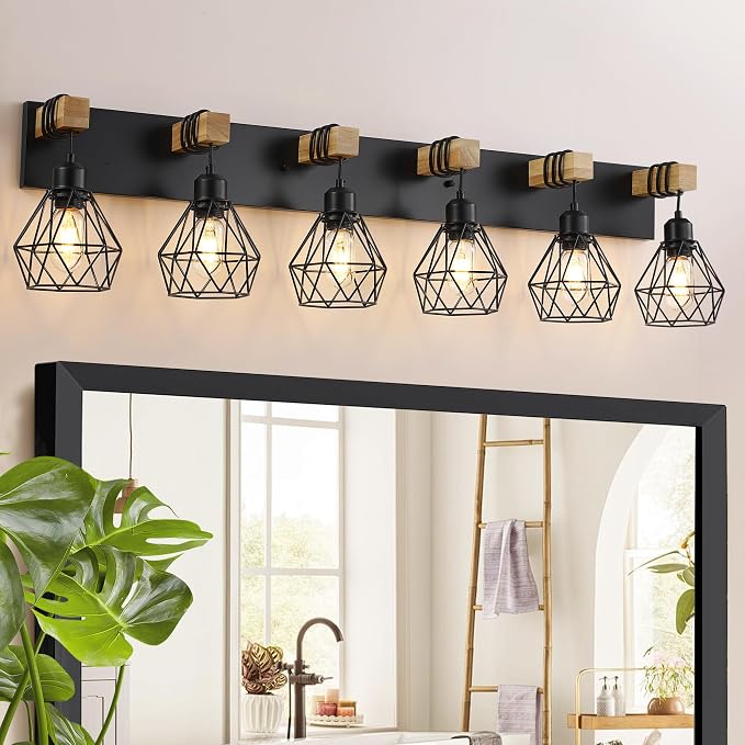 maesta 6 Light Bathroom Vanity Light, Farmhouse Black Fixture Over Mirror | Farmhouse Bathroom Light Fixtures, Wood & Metal, Anti-Rust, Easy to Install for Rustic Bathroom Hallway