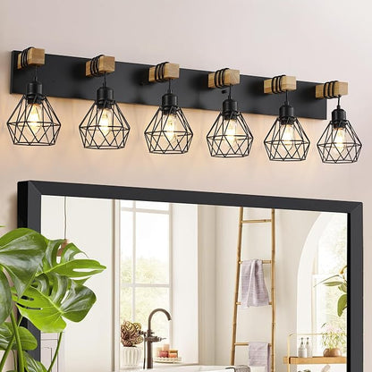 maesta 6 Light Bathroom Vanity Light, Farmhouse Black Fixture Over Mirror | Farmhouse Bathroom Light Fixtures, Wood & Metal, Anti-Rust, Easy to Install for Rustic Bathroom Hallway