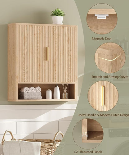 27.6" H Natural Bathroom Wall Cabinet with 2 Fluted Doors, Modern Medicine Cabinet with Adjustable Shelf, Curved Profile Wall Mounted Bathroom Cabinet for Kitchen, Living Room, Oak