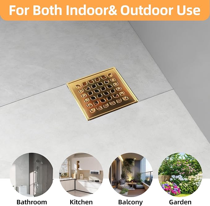 4-Inch Square Shower Drain Kit with Bonding Flange, Polished Gold | Removable 304 stainless steel grate with hair strainer; fits 2- and 3-inch pipes for tiled shower floors and wet areas