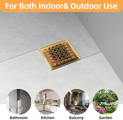4-Inch Square Shower Drain Kit with Bonding Flange, Polished Gold | Removable 304 stainless steel grate with hair strainer; fits 2- and 3-inch pipes for tiled shower floors and wet areas