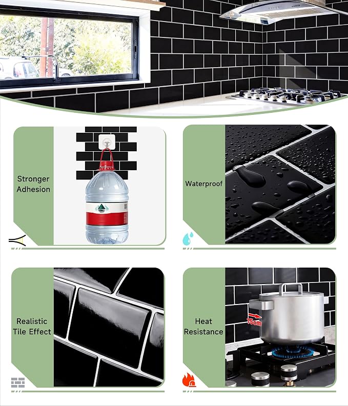 Peel and Stick Backsplash for Kitchen: Self Adhesive Wall Tiles for Bathroom - Vinyl Thick Back Splash Tile (10, Black)