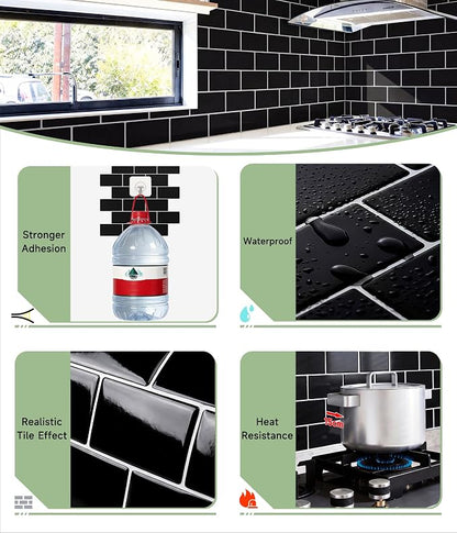 Peel and Stick Backsplash for Kitchen: Self Adhesive Wall Tiles for Bathroom - Vinyl Thick Back Splash Tile (10, Black)