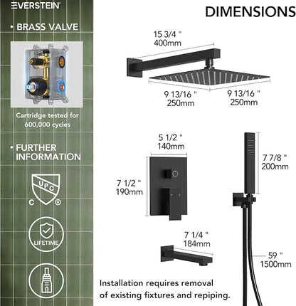 Shower Tub Faucet Set, 10" Bathroom Rainfall Shower Head Fixtures Combo with Handheld Spray and Tub Spout, Matte Black (Valve Included)