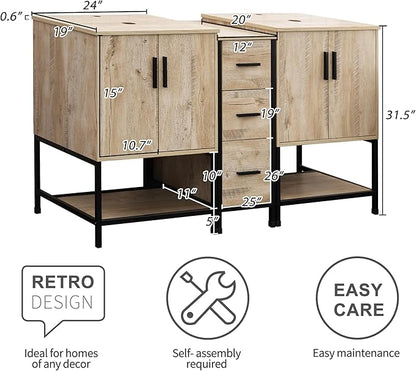 UEV Rustic Oak 60" Double Bathroom Vanity with Sink Combo,Industrial Iron Frame 2 Main Bathroom Vanity with Middle 3 Drawers Cabinet(Without Sink Combo)