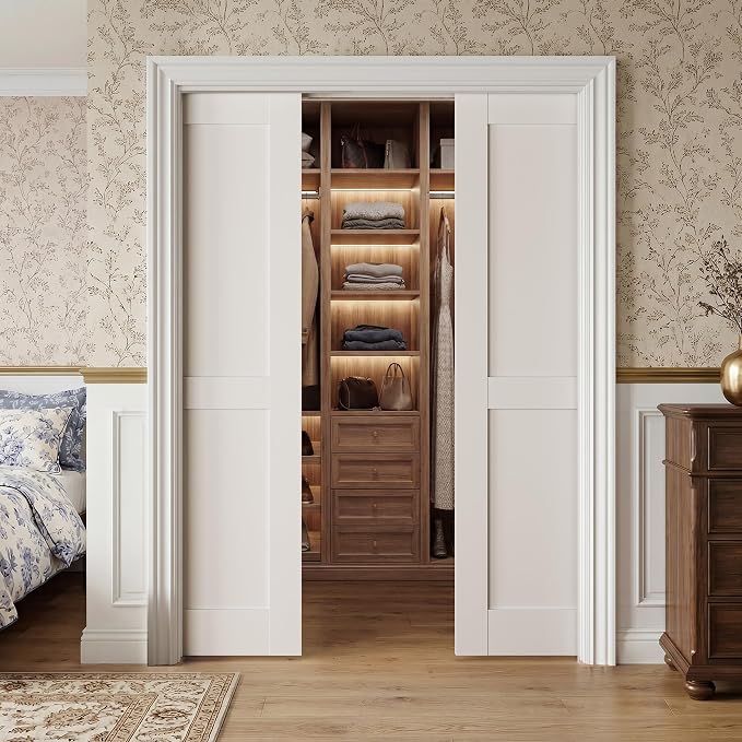 SMARTSTANDARD 64" x 80" Sliding Pocket Interior Door, Solid Core Door Slab | 2-Panel Pre-Assembled Door Slab with Soft Close Pocket Door Frame Kit, Easy Install, Durable and Smooth