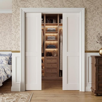 SMARTSTANDARD 48" x 80" Sliding Pocket Interior Door, Solid Core Door Slab | 2-Panel Pre-Assembled Door Slab with Soft Close Pocket Door Frame Kit, Easy Install, Durable and Smooth
