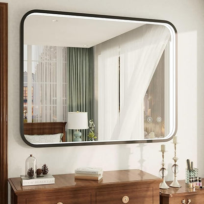 40"x30" Black LED Bathroom Mirror with Lights, 3000K/4500K/6000K | Stepless Dimmable, Anti-Fog, Memory Function, Aluminum Frame Wall Mount Lighted Vanity Mirror, ETL Listed, IP54 Waterproof