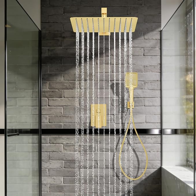 Shower System Modern Rain Brass Faucet Set With Valve and Diverter Shower Mixer With Handheld High Pressure Square Rainfall Shower Valve (12'' Wall Mount, Brushed Gold)
