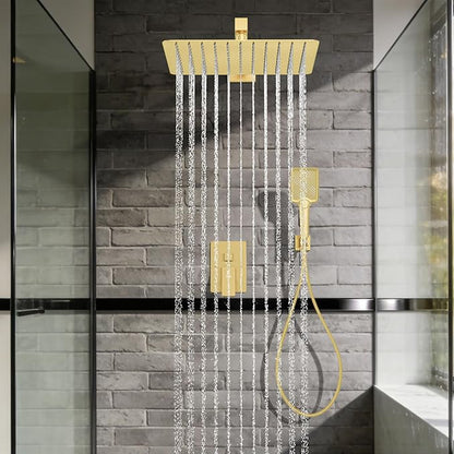 Shower System Modern Rain Brass Faucet Set With Valve and Diverter Shower Mixer With Handheld High Pressure Square Rainfall Shower Valve (12'' Wall Mount, Brushed Gold)
