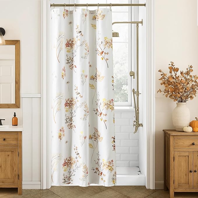 Colorful Floral Stall Shower Curtain, Earthy Terracotta Orange Boho Fabric Shower Curtains Set with Hooks, 36x72