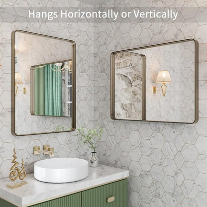 LOAAO 22”X30” Bronze Bathroom Mirrors for Vanity, Rounded Rectangle Brushed Bronze Metal Frame Mirror, Anti-Rust, Hangs Horizontally or Vertically | Rounded Rectangle, Brushed Bronze Metal Frame, Anti-Rust, Hangs Horizontally or Vertically