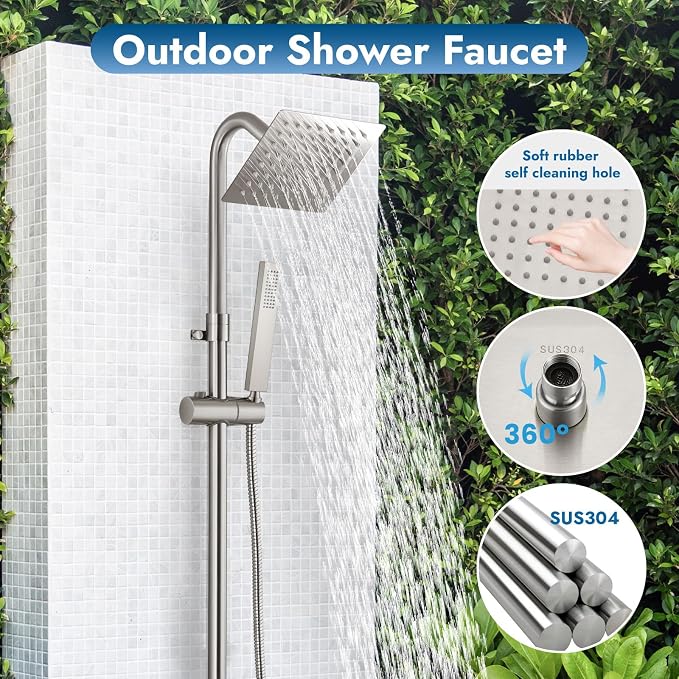 Wall Mounted Outdoor Shower Kit,Outdoor Shower Faucet,Brushed Nickel | 6-Inch Square Rainfall Shower Head with Handheld Spray, Adjustable Slide Bar & Dual Function Design for Flexible Outdoor Use