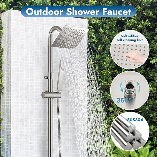 Wall Mounted Outdoor Shower Kit,Outdoor Shower Faucet,Brushed Nickel | 6-Inch Square Rainfall Shower Head with Handheld Spray, Adjustable Slide Bar & Dual Function Design for Flexible Outdoor Use