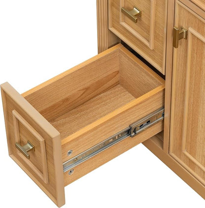 24" Modern Bathroom Vanity with Ceramic Sink, Solid Wood Frame Freestanding Storage Cabinet w/2 Drawers & Tilt-Out Drawer, Door Rack & Adjustable Shelf, Golden Metal Handles, Wood