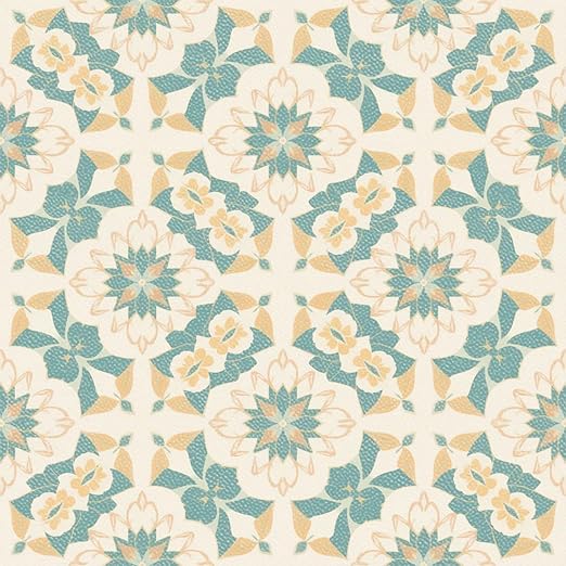 Teal Beige Floral Peel and Stick Floor Tiles 12x12 Inch 10PCS | Teal and beige floral geometric pattern vinyl floor stickers for kitchen bathroom entryway and indoor home decor