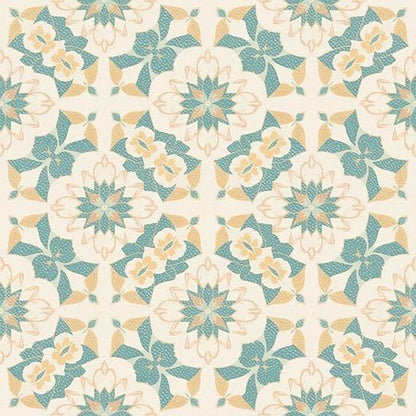 Teal Beige Floral Peel and Stick Floor Tiles 12x12 Inch 10PCS | Teal and beige floral geometric pattern vinyl floor stickers for kitchen bathroom entryway and indoor home decor