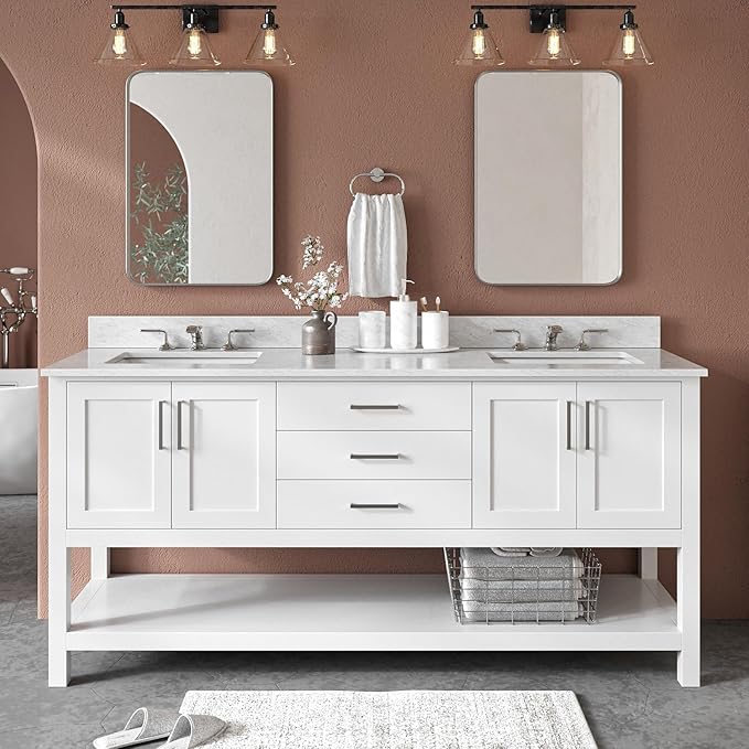 ARIEL Magnolia 72-inch Bathroom Vanity with Sink,Solid Wood, 0.75-inch Italian Carrara Marble Countertop, Double Rectangular Porcelain Sink, 4 Soft Closing Doors, 3 Dovetail Drawers, White