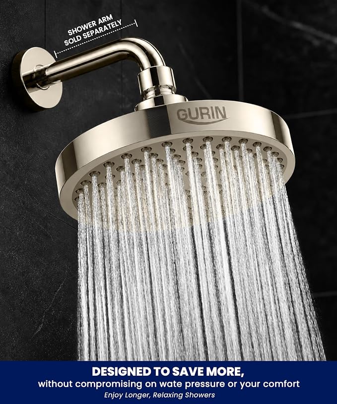 GURIN Shower Head - Luxury Brushed Nickel Finish - Rain Showerhead 6 Inch | High Pressure Shower Heads with Adjustable Angles, 90 Anti-Clog Nozzles, Tool-Free 1-Min Install