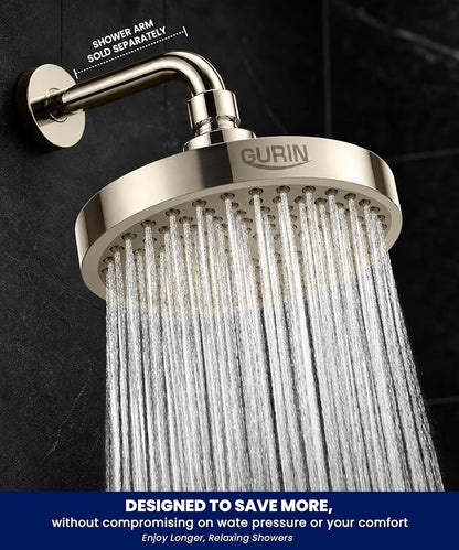 GURIN Shower Head - Luxury Brushed Nickel Finish - Rain Showerhead 6 Inch | High Pressure Shower Heads with Adjustable Angles, 90 Anti-Clog Nozzles, Tool-Free 1-Min Install