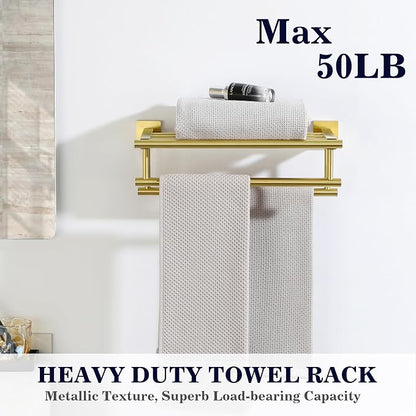 Alise Double Towel Rack for Bathroom Wall Mounted 20 Inch,Brushed Gold | SUS304 Stainless Steel Towel Rack with Shelf,Bathroom Tower Holder Towel Shelf with Double Towel Bars for Bath Kitchen
