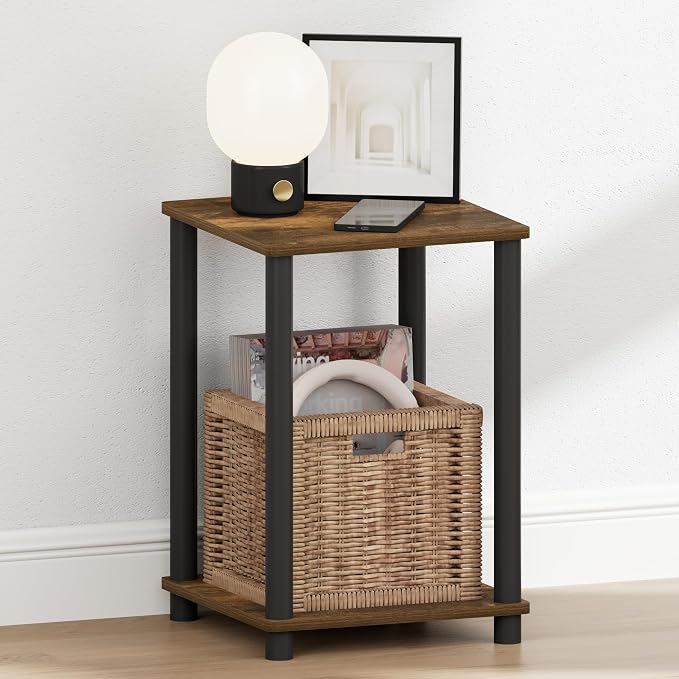 Furinno Turn-N-Tube Night Stand, 2-Tier Open Shelf Design Nightstand, Toolless Square Bedside Table, End Table, Side Table, for Bedroom, Closet, Dorm, Amber Pine